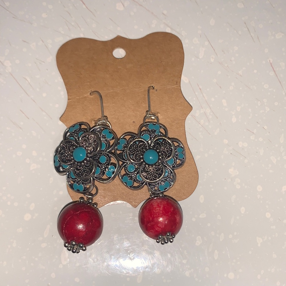 Bohemian Turquoise Flower Drop Earrings with Red Bead Accents